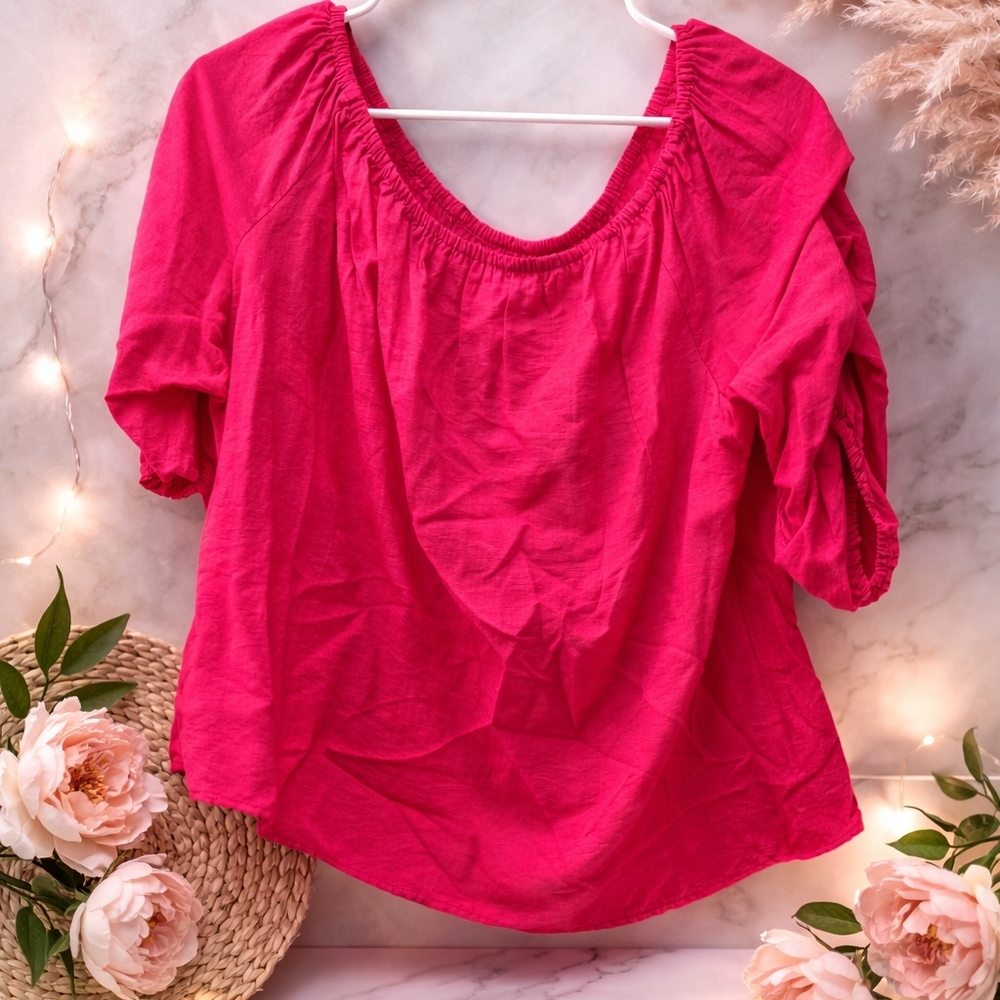 NWT CeCe XL Bright Fuchsia Puff Off The Shoulder  Sleeve Blouse